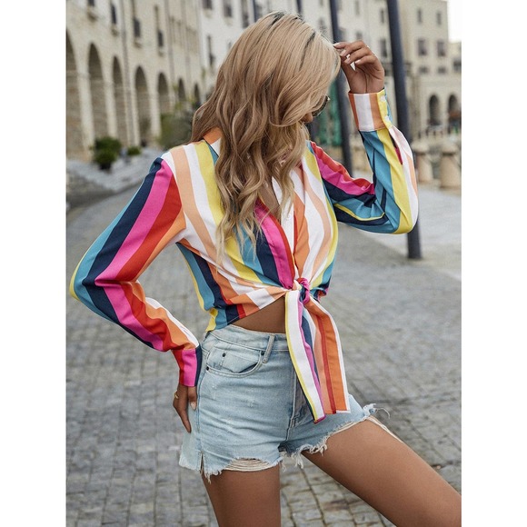 Colorful Rainbow Striped button up Knotted Crop top - Picture 5 of 7
